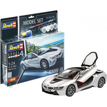 KIT PARA MONTAR REVELL MODEL SET CARRO BMW i8 1/24 131 PEÇAS COMPLETO COM TINTAS COLA E PINCEL REV 67670